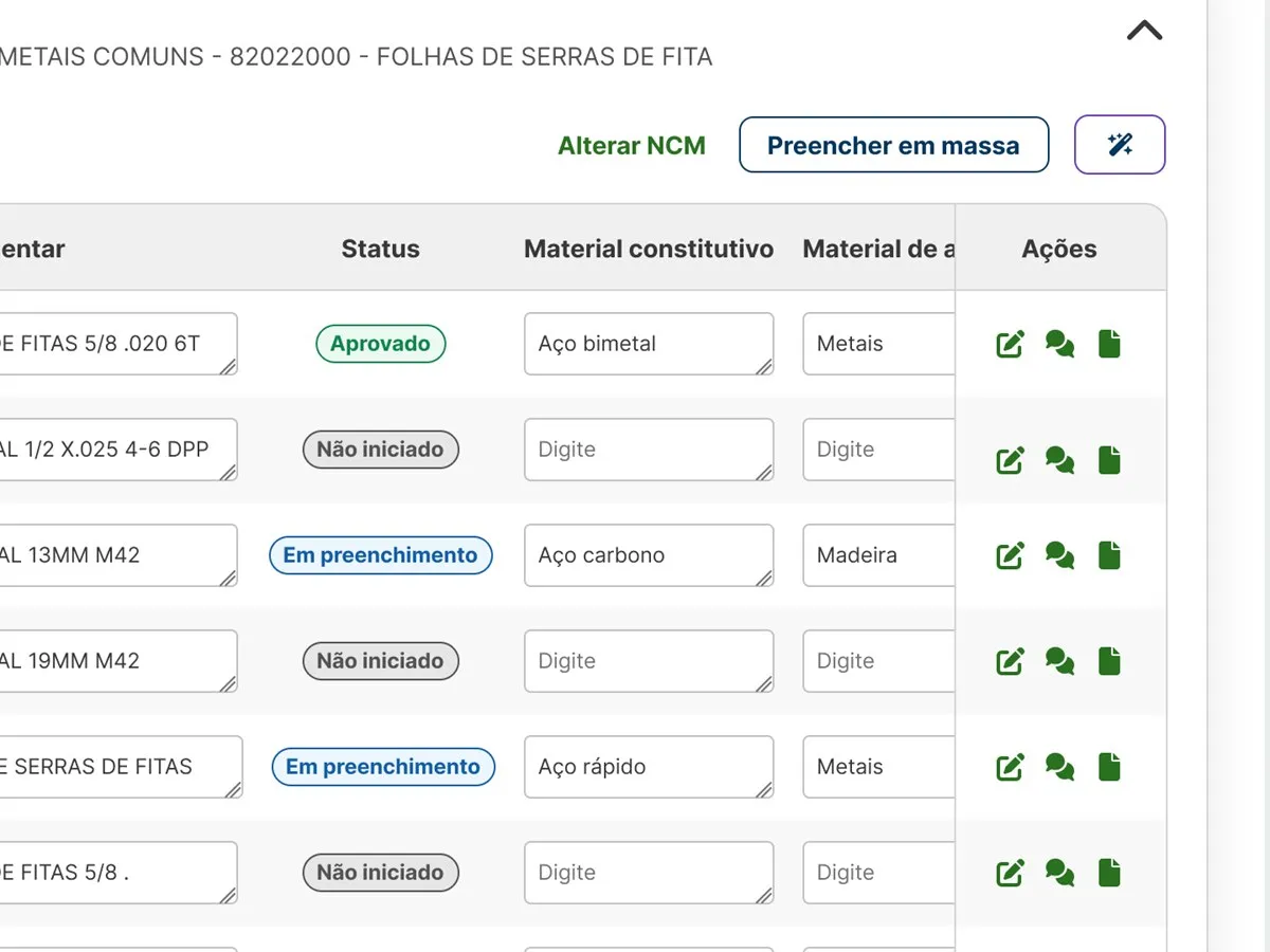 Tela: edição em massa de atributos de múltiplos produtos