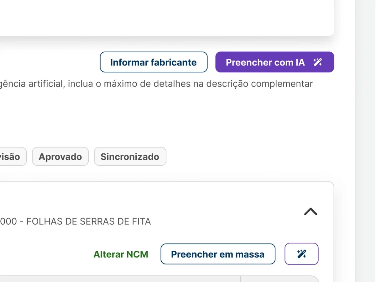 Tela: sugestão de NCM, atributos e descrição por IA com revisão humana