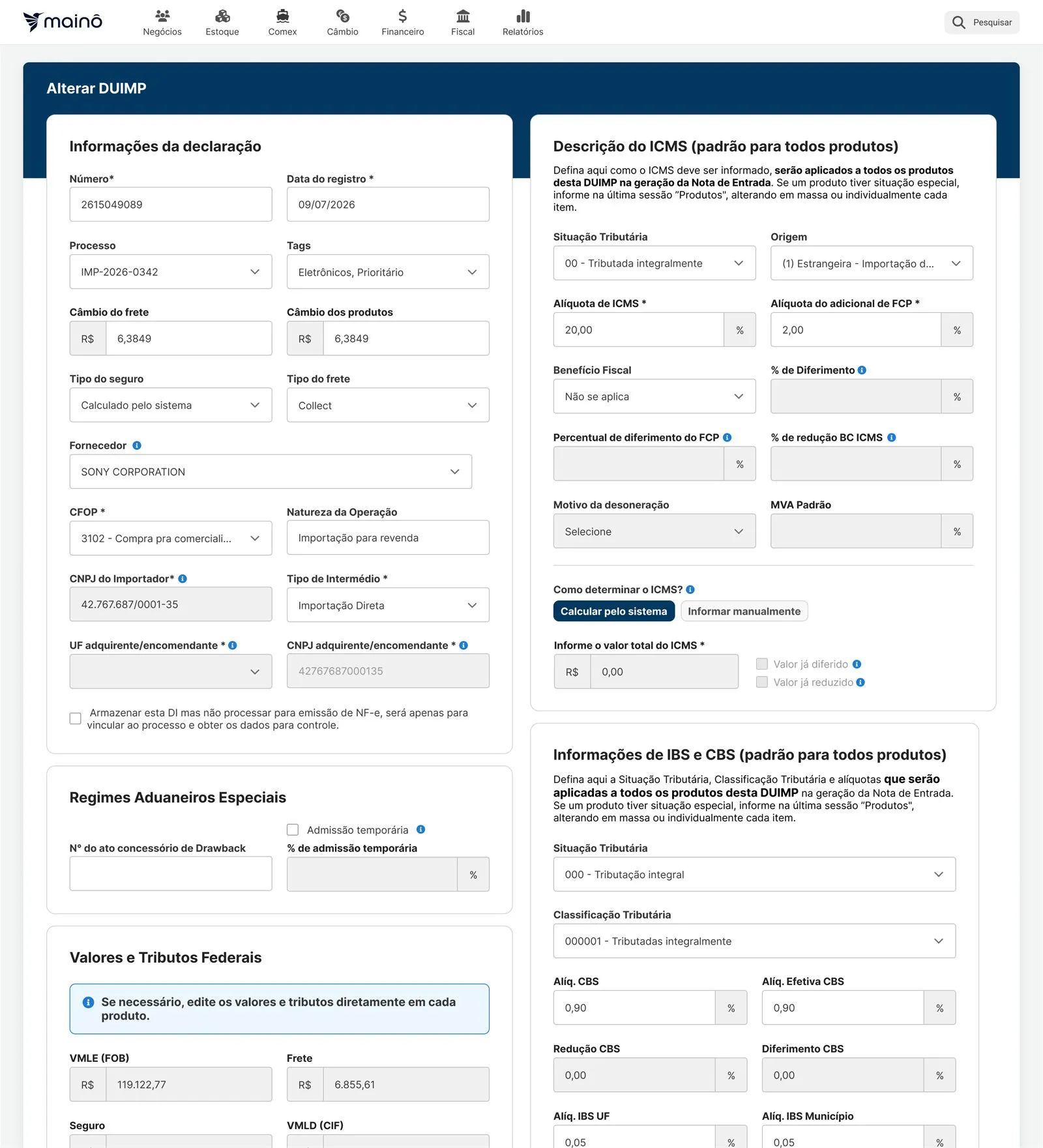 Tela: importação de XML da DUIMP com campos preenchidos automaticamente