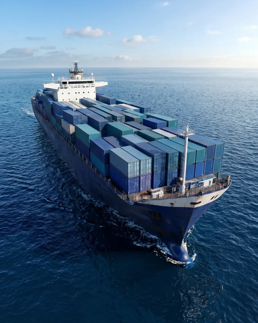 Navio porta-contêineres carregado navegando em alto-mar