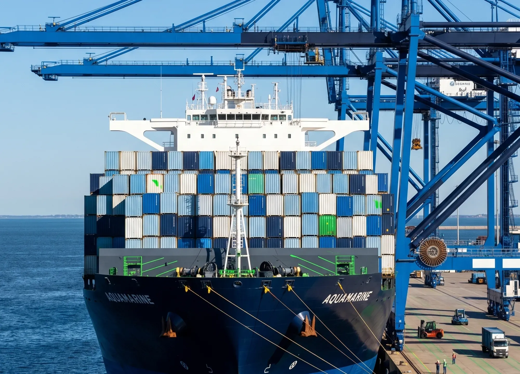 Navio porta-contêineres atracado sob os guindastes de um porto