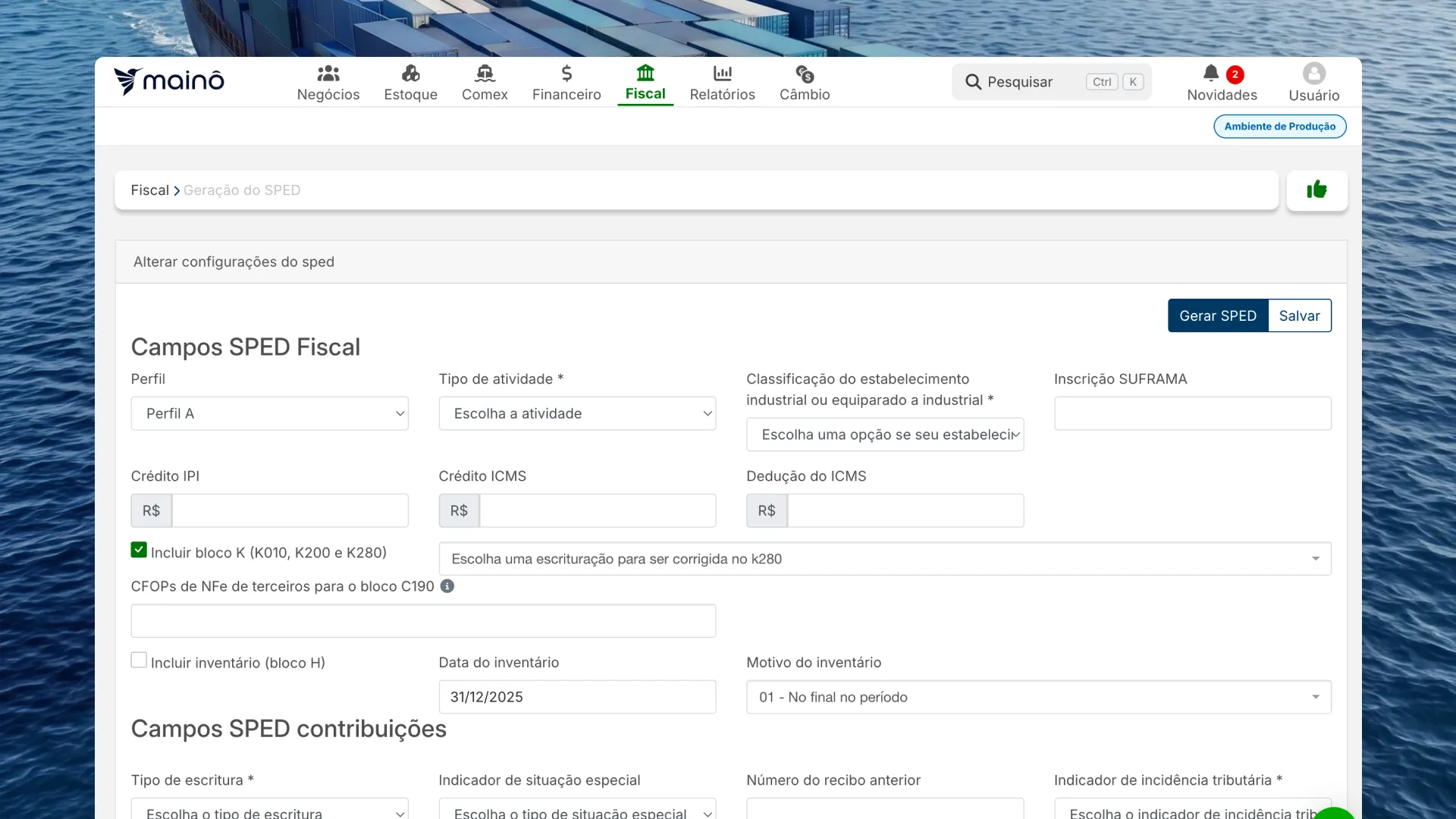 Tela de SPED Fiscal do Mainô