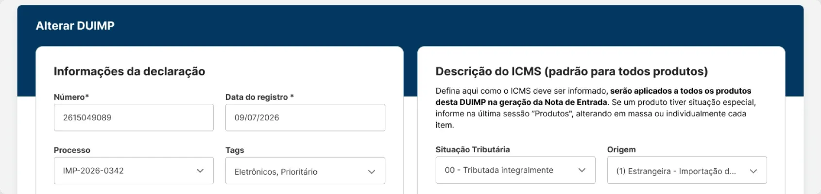 Topo da tela Alterar DUIMP no Mainô: número, data do registro, processo e tags da declaração e a descrição do ICMS