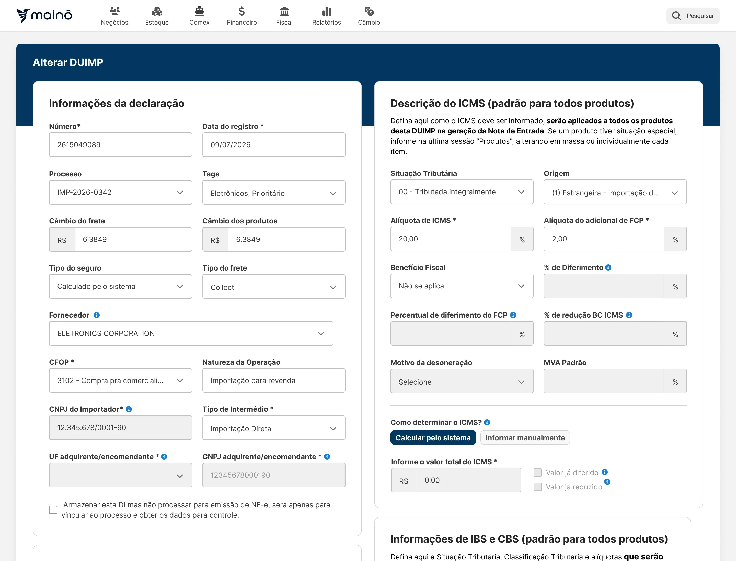 Tela Alterar DUIMP com número, processo, câmbio, fornecedor, CFOP e CNPJ do importador da declaração, e o ICMS padrão para todos os produtos