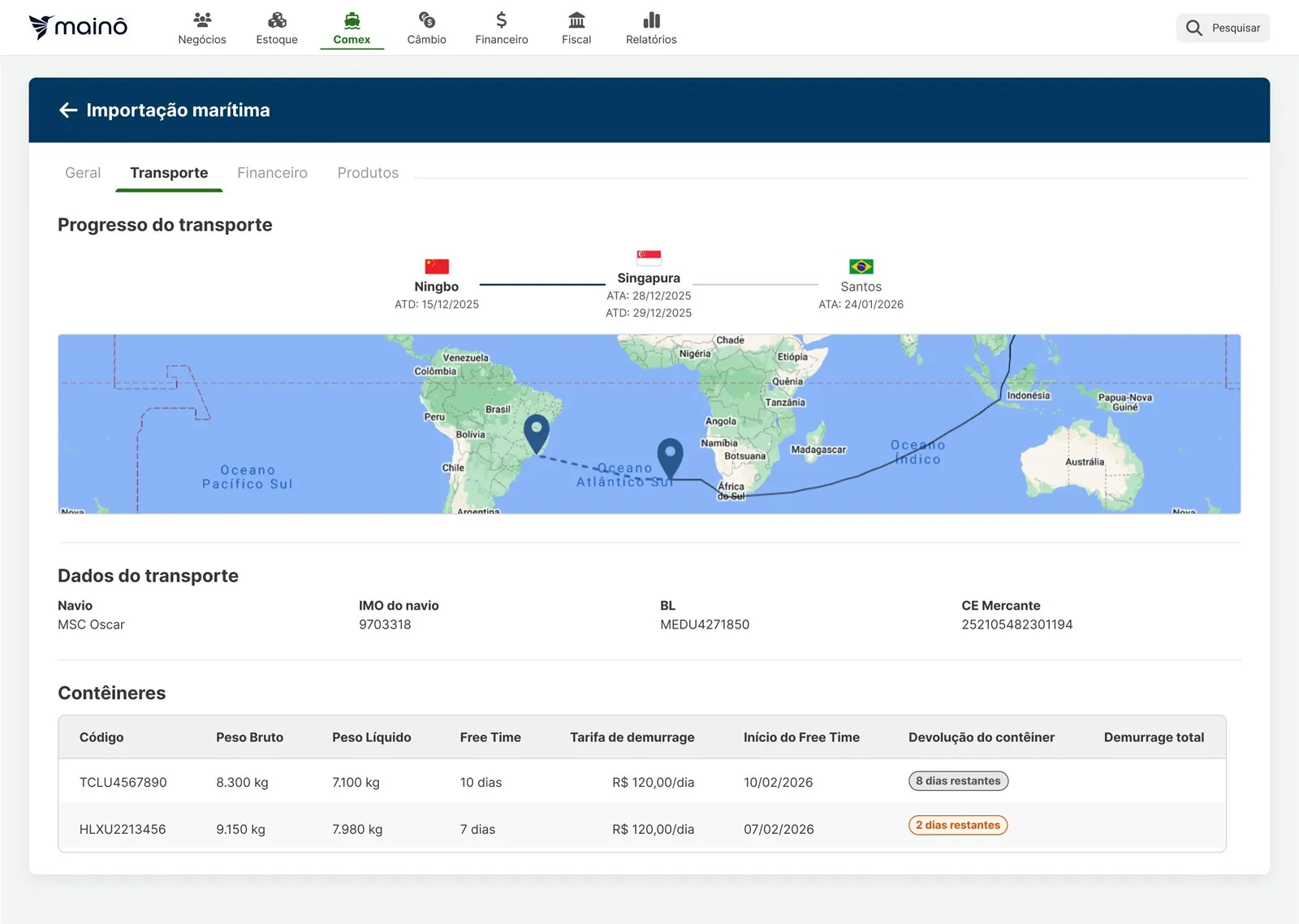 Tela do sistema Mainô — progresso do transporte no mapa, com contêineres e free time